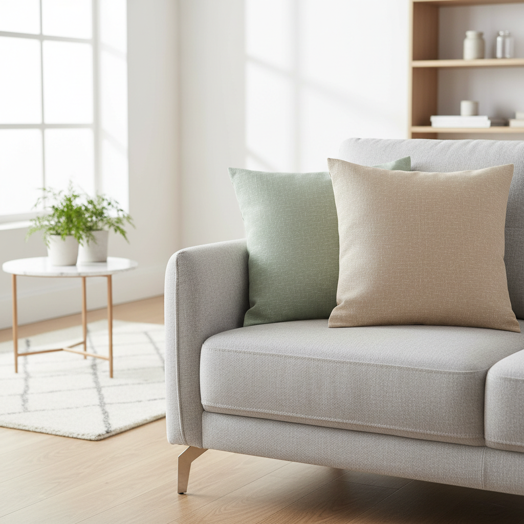 Set of 2 linen cushion covers in sage green and warm beige on a modern grey sofa