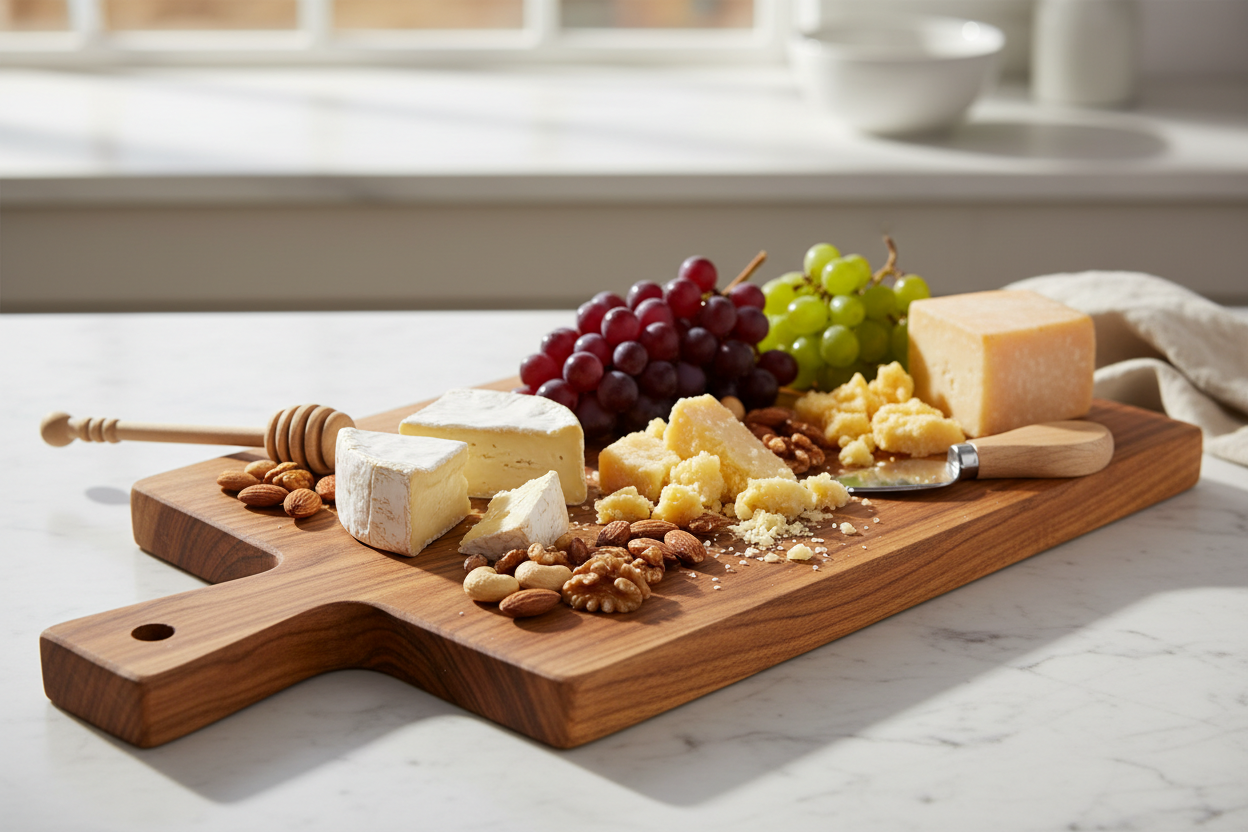 Rustic acacia wood serving board with handle on marble counter with cheese and fruits