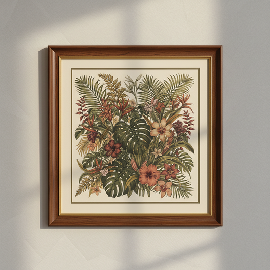 Quadro Botânico Tropical com folhas e flores em tons verdes e terra