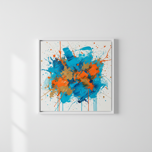 Quadro Abstrato Moderno com pinceladas em azul, laranja e dourado