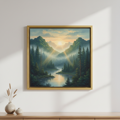 Quadro Paisagem Natural com montanhas, floresta e rio ao amanhecer