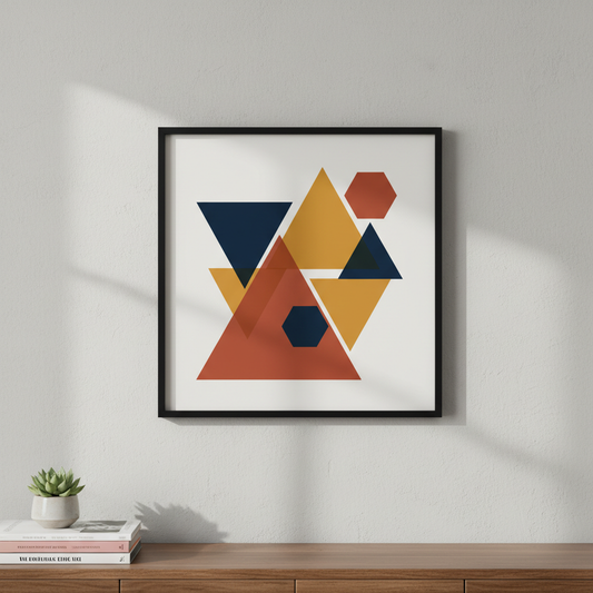 Quadro Geométrico com triângulos e hexágonos em azul, amarelo e terracota