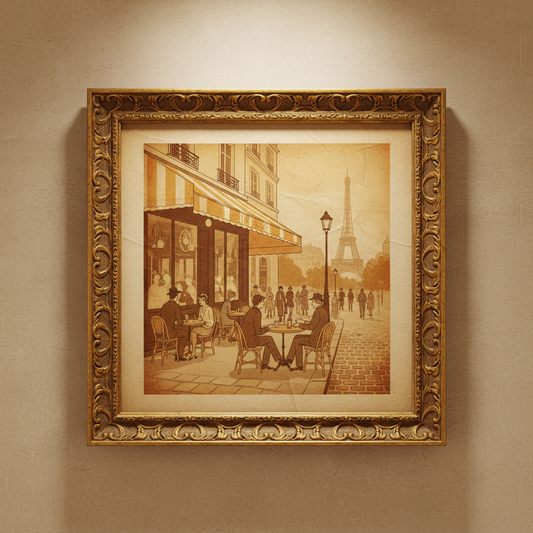 Quadro Vintage Parisiense com ilustração retrô de café em Paris e moldura dourada