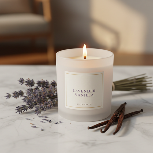 Scented soy candle in frosted glass jar with wooden wick surrounded by lavender and vanilla on marble surface